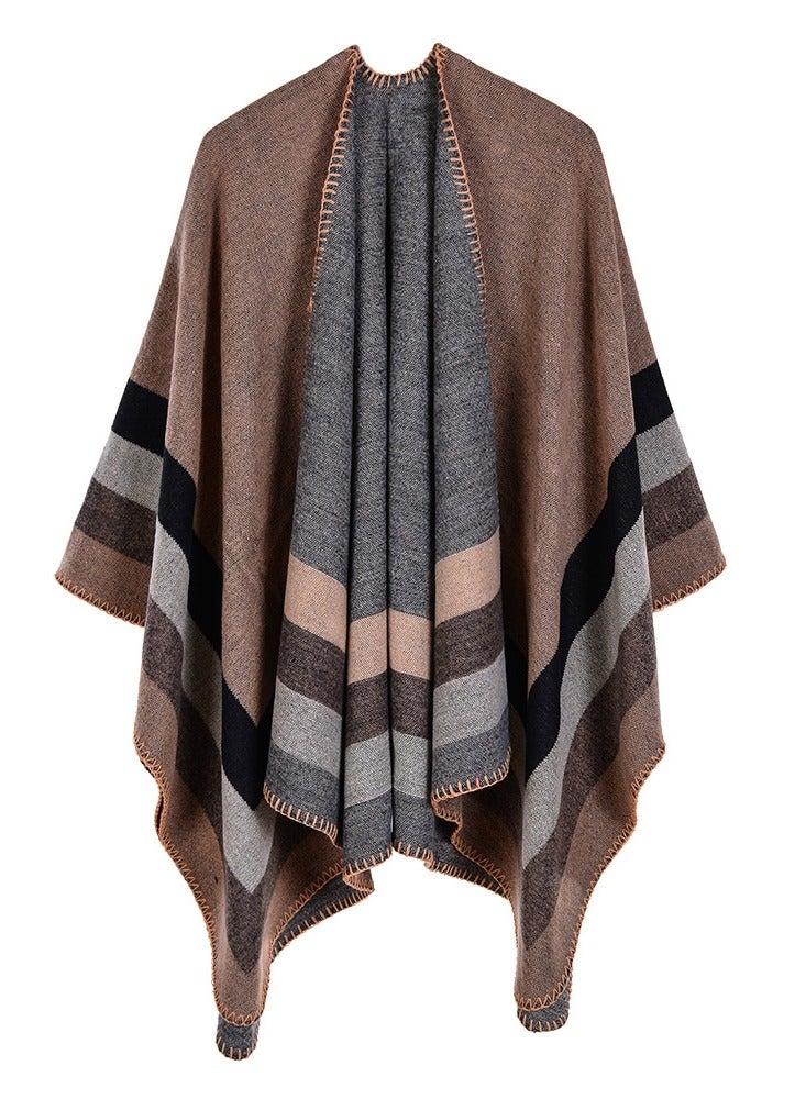 Striped Poncho Style Cape in Khaki